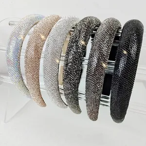 Luxury Padded Full Rhinestone Headband For Women Sparkly High Top Wide Hair Band Retro Party Wedding Hair Accessories