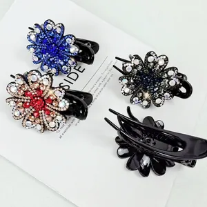 Elegant Flower Rhinestone Hair Claw Clip For Women Vintage Crystal 3-Prong Hair Jaw Clip Large Hair Accessory Daily Gift