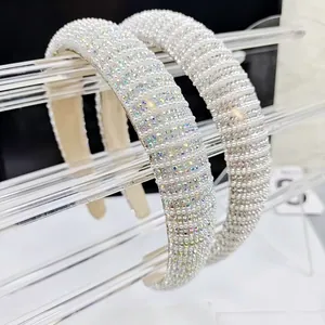 Elegant wide sponge headband set with shiny pearls and sparkling rhinestones for women