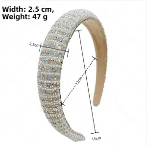 Detail view of pearl and rhinestone headband showing 2.5cm width and 47g weight