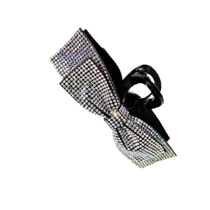 Elegant bow hair claw clip with colorful rhinestones on black resin for women