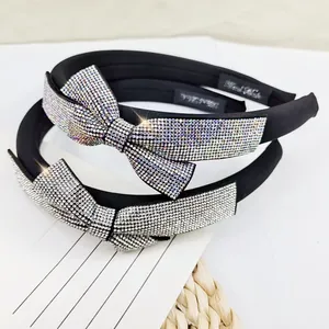 Rhinestone Bowknot Headband For Women Elegant High Skull Top Sponge Hairband Sparkly Wedding Party Hair Accessories