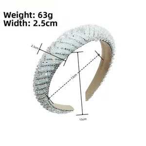 Detailed view of padded crystal headband showing 2.5cm width and 63g weight specs