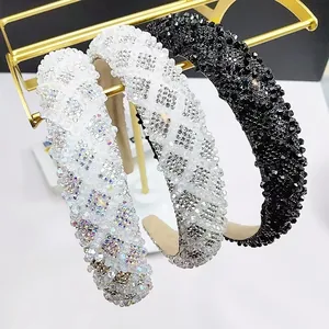 Elegant padded headbands featuring sparkling rhinestones and beads in monochrome and plaid designs