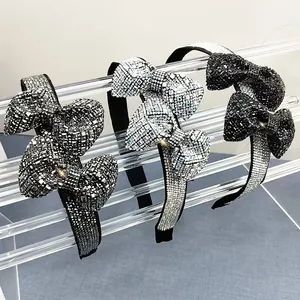 Luxury full rhinestone bow headbands in black, silver and grey for women's elegant hair styling