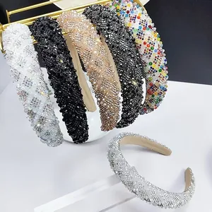 Vintage Padded Rhinestone Headband For Women Luxury Crystal Lattice Pattern High Skull Top Sparkly Fashion Hair Accessories