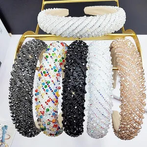 Serre-Tête de Luxe Rembourré en Éponge avec Strass pour Femmes Large Bandeau de Bohême Incrusté de Cristaux Mode Accessoires Quotidien