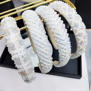 Luxury Crystal Rhinestone Padded Headband For Women White AB Geometric Pattern Wide Hair Band Wedding Party Hair Accessories