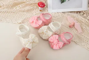 Close-up of baby girl princess shoes with lace floral patterns and sequined bows