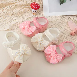Baby girl princess shoes with soft soles and lace flower bow ties in four colors