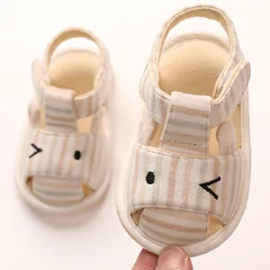 Cute striped cotton baby sandals with cartoon eye embroidery and soft non-slip soles
