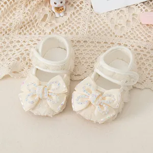 Baby girl white lace princess shoes with crystal bow and soft sole for infant walking