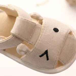 Breathable cotton baby summer sandals with cute embroidered face and velcro strap