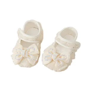 Lace baby princess shoes with ribbon bow and rhinestones for 0-1 year old infants