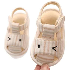Cute striped cotton baby sandals with cartoon embroidery and non-slip soft sole