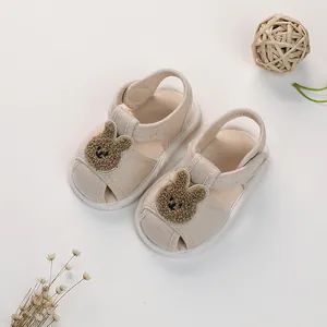 Toddler summer soft sole sandals with beige cotton fabric and cute brown bunny head