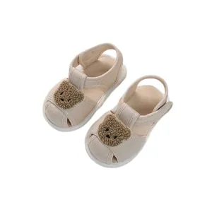 Infant breathable cotton sandals with cute brown bear patches and non-slip soft soles