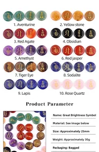 Tableau détaillé des pierres Reiki 25mm avec symboles dorés et spécifications matières