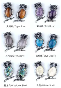 Detailed grid of owl necklaces featuring tiger eye, amethyst, and abalone shell stones
