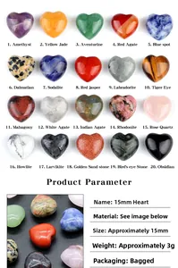 Detailed grid of 20 varieties of 15mm polished heart-shaped natural crystal gemstones