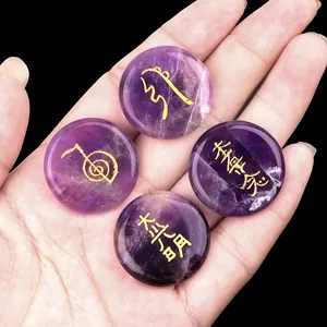 Collection de Pierres de Soin Reiki Cristal Naturel Pierre de Paume Polie Symboles Gravés Or Méditation Équilibre Énergie