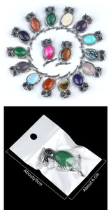 Detailed view of owl necklaces in natural stone colors with individual OPP bag packaging