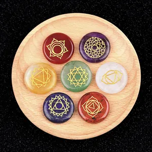 Seven Chakra natural energy stone set with polished round crystals and a wooden tray