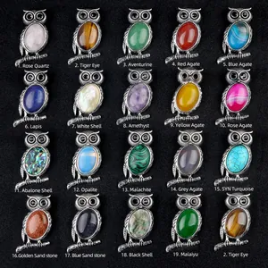 Natural stone owl pendant necklaces set featuring assorted crystals and vintage silver alloy