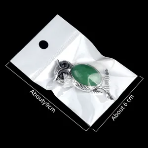 Vintage owl necklace pendant with oval green natural stone and engraved silver metal details