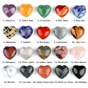 Collection of 20 natural heart-shaped polished crystals and gemstones on white background