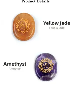 Macro detail of polished yellow jade and amethyst chakra stones with golden symbols