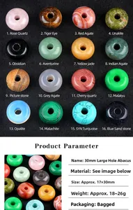 Tabla detallada de cuentas ábaco de piedras naturales de 30mm con dimensiones y materiales