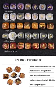 Macro detail of 20mm chakra stones set showing golden engraved symbols on natural gemstones