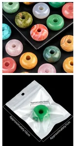 Detail of 30mm natural stone donut beads with dimensions in transparent packaging