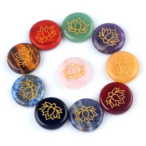Polished natural crystal set with 10 pieces of engraved golden lotus stones for meditation