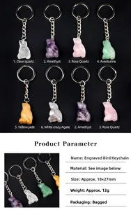 Detailed view of assorted 18x27mm hand-carved gemstone bird pendants on keychains