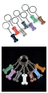 Pendentifs os en cristal naturel poli avec porte-clés en métal argenté multicolore