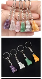 Detailed view of hand-carved crystal frog keychains showing natural gemstone texture