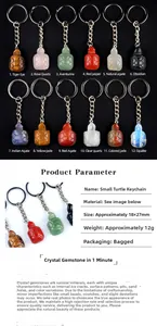 Macro detail of natural crystal turtle keychain charms in various semiprecious stones