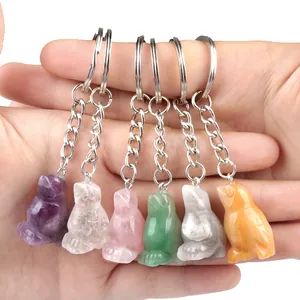 Natural Stone Animal Carving Keychain Crystal Agate Bird Frog Shape Pendant Decorative Keyring For Bag Charm Accessory Gift