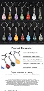 Detailed catalog showing 14 types of gemstone beetle keychains with size and weight specs