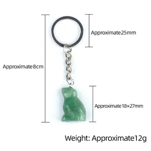 Hand-carved green aventurine owl bird keychain with detailed stone texture and silver ring
