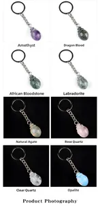 Detail view of beetle-shaped gemstone keychains in eight distinct natural crystal types