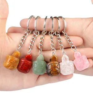 Natural Gemstone Carved Turtle Keychain Crystal Stone Animal Pendant Hanging Ornament For Women Men Bag Charm Handbag Decor