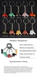 Macro detail of various hand-carved gemstone dolphin keychains in different colors