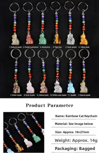 Detailweergave van 18x27mm kattenedelsteen sleutelhangers met kleurrijke chakra-kralen