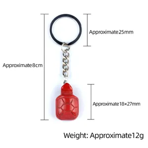 Red crystal agate turtle keychain with silver metal ring and detailed shell carving