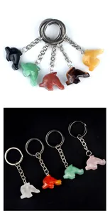 Detail of dolphin gemstone keychains in rose quartz, amethyst, and various crystals