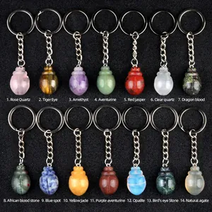 Set of 14 natural gemstone beetle keychains including tiger eye and amethyst pendants