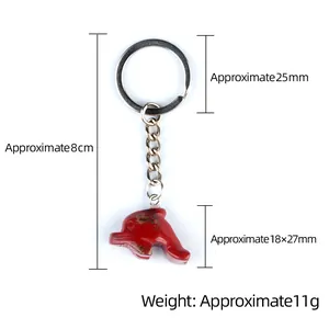 Red agate dolphin keychain with silver metal ring and chain, 8cm total length